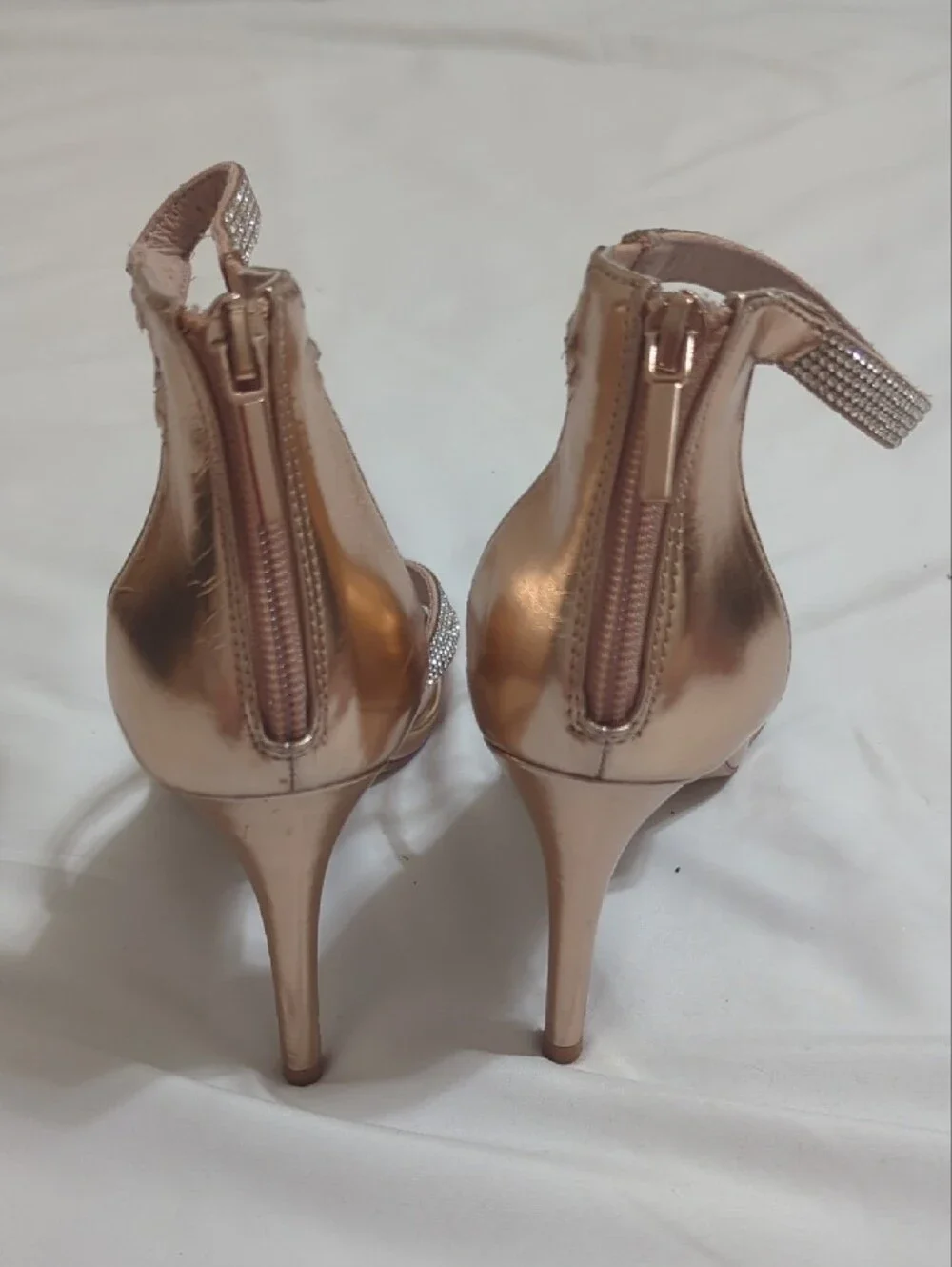 Steve Madden Smokin Rhinestone Ankle Strap Heels, Color Rose Gold Size 6.5